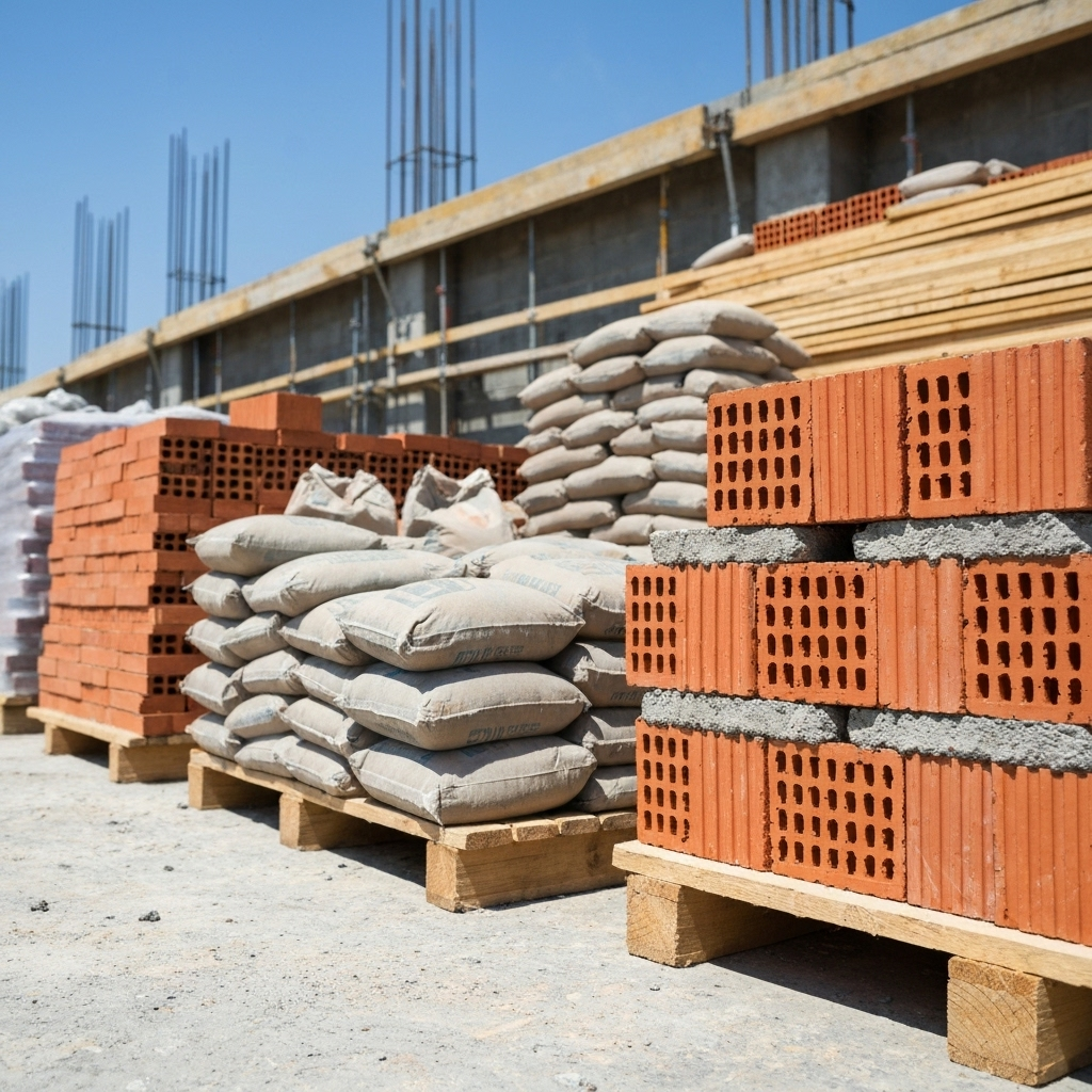 Vibrant construction site scene with modern buildings, cement piles, and construction workers on a sunny day